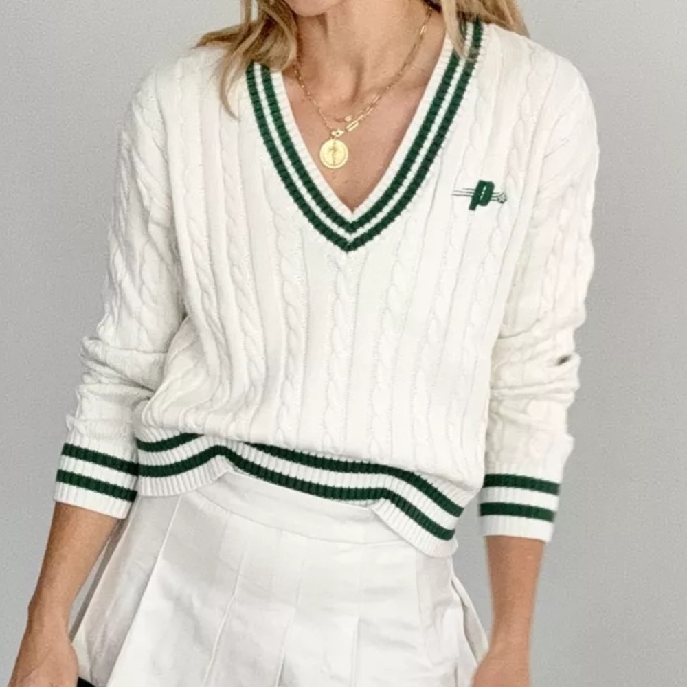 Prince Pickleball Cream and Green V-Neck Sweater 100% Cotton